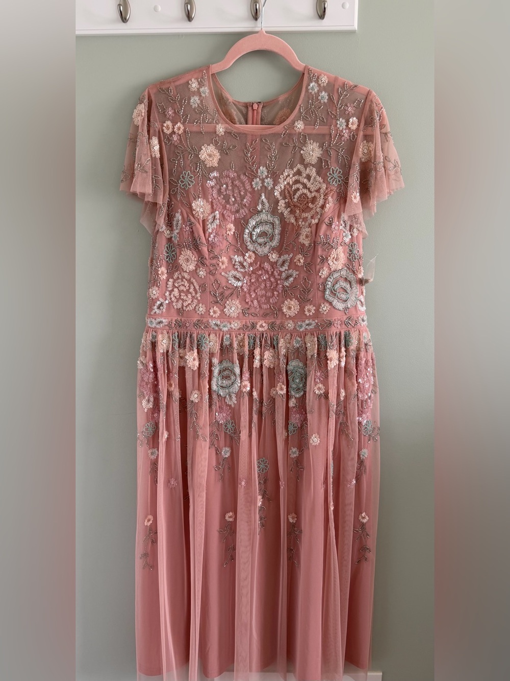 Mac Duggal Pink Floral Embroidered tulle Midi Dress